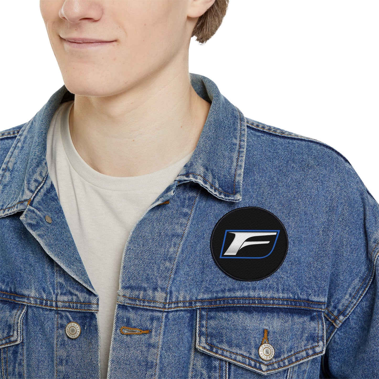 F Logo Iron-On Patch – Silver & Blue Motor Sport Emblem Patch