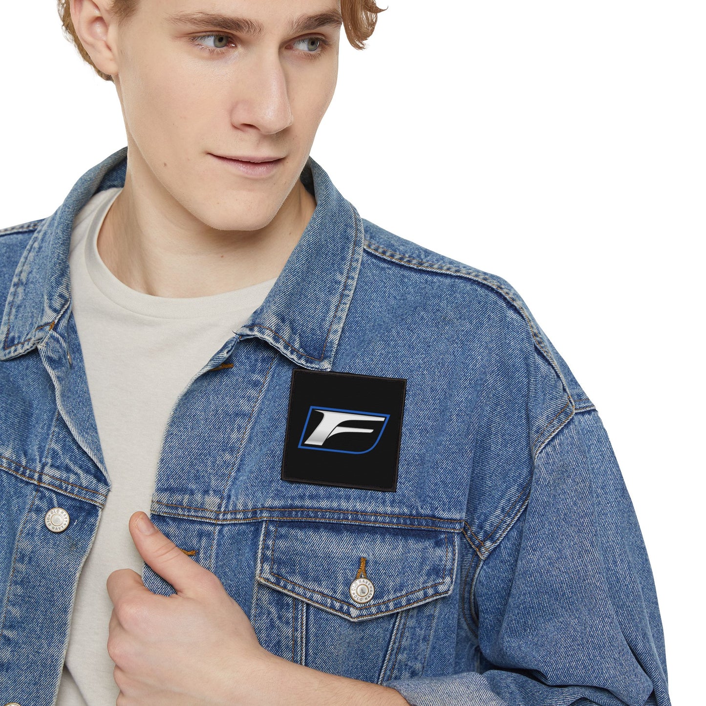 F Logo Iron-On Patch – Silver & Blue Motor Sport Emblem Patch