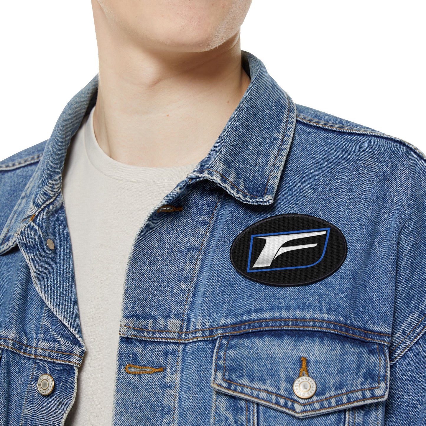 F Logo Iron-On Patch – Silver & Blue Motor Sport Emblem Patch