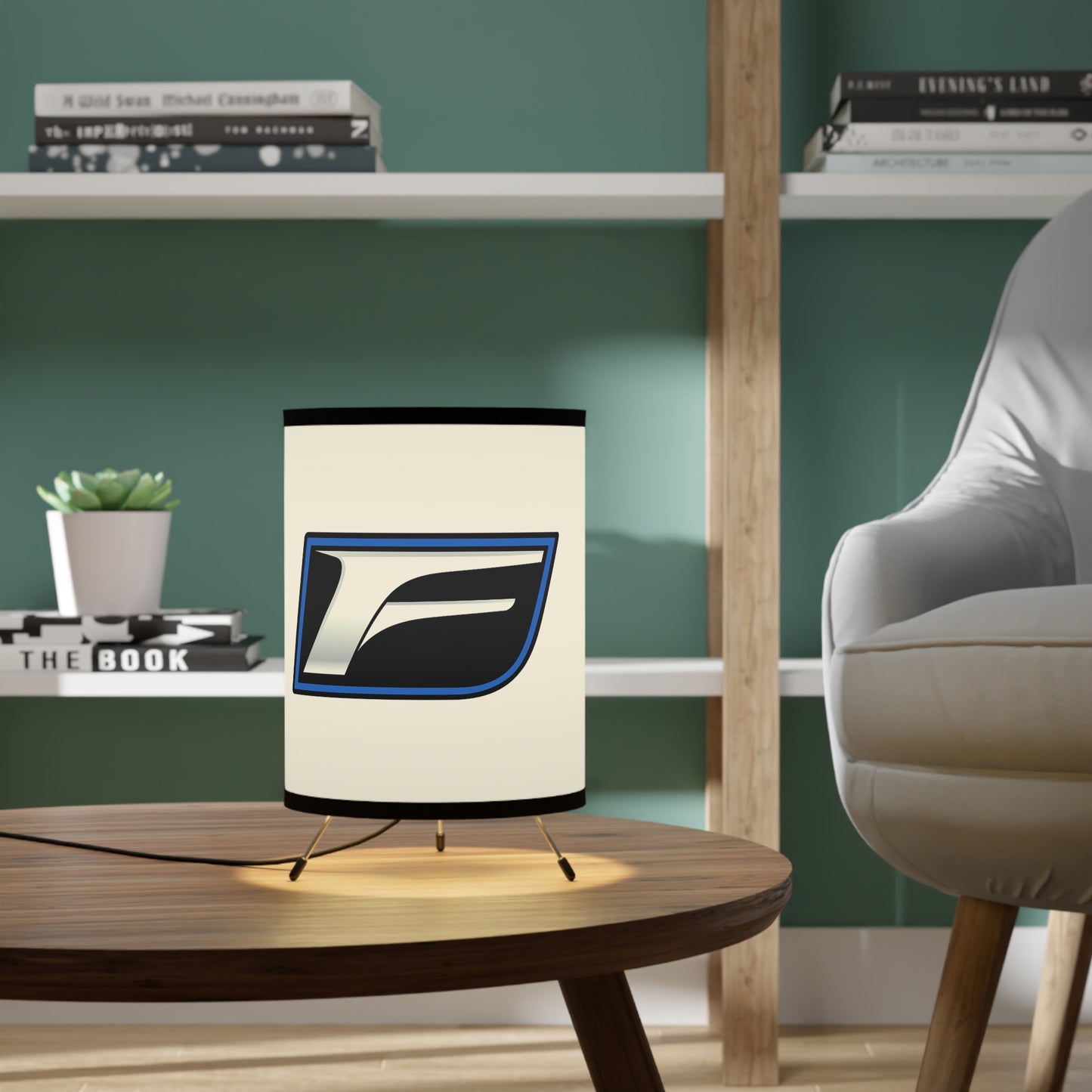 Tripod Lamp — Modern Printed Shade with Stylized 'F' Logo