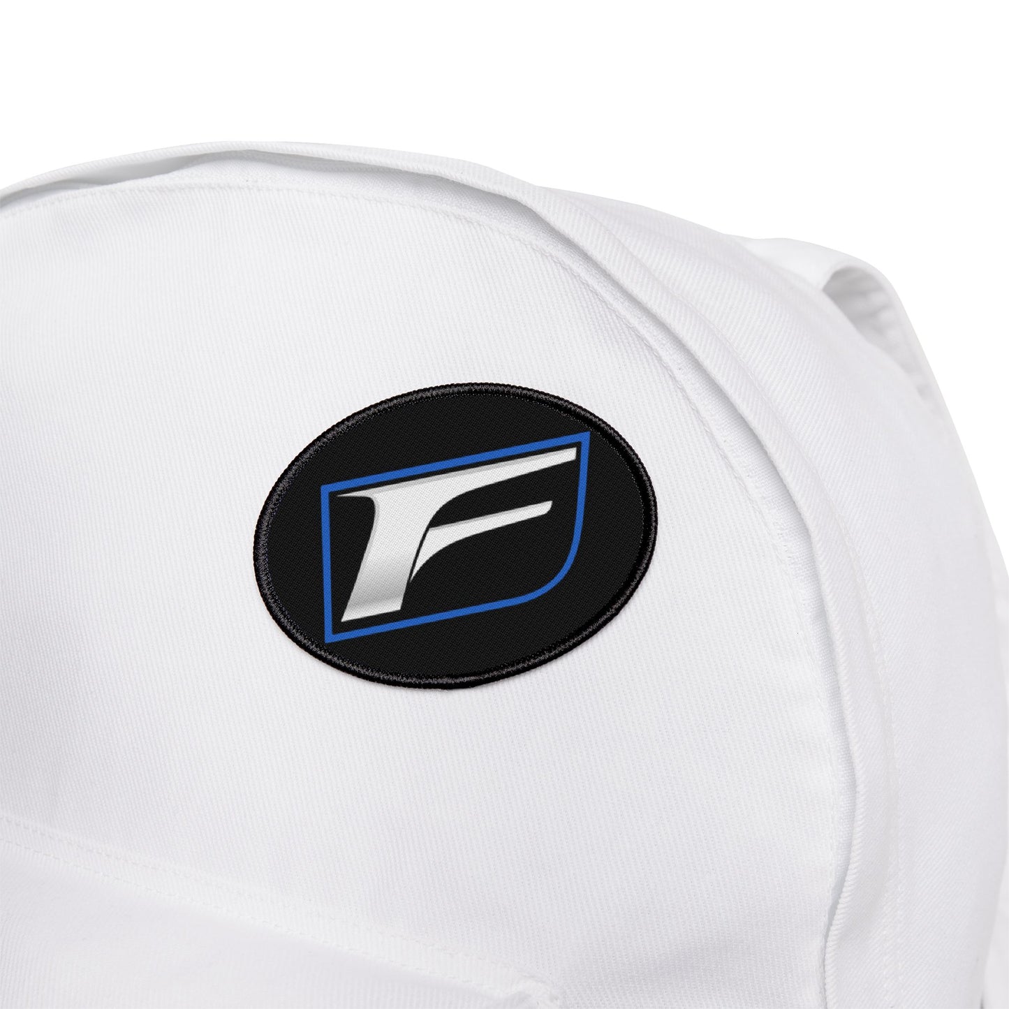 F Logo Iron-On Patch – Silver & Blue Motor Sport Emblem Patch