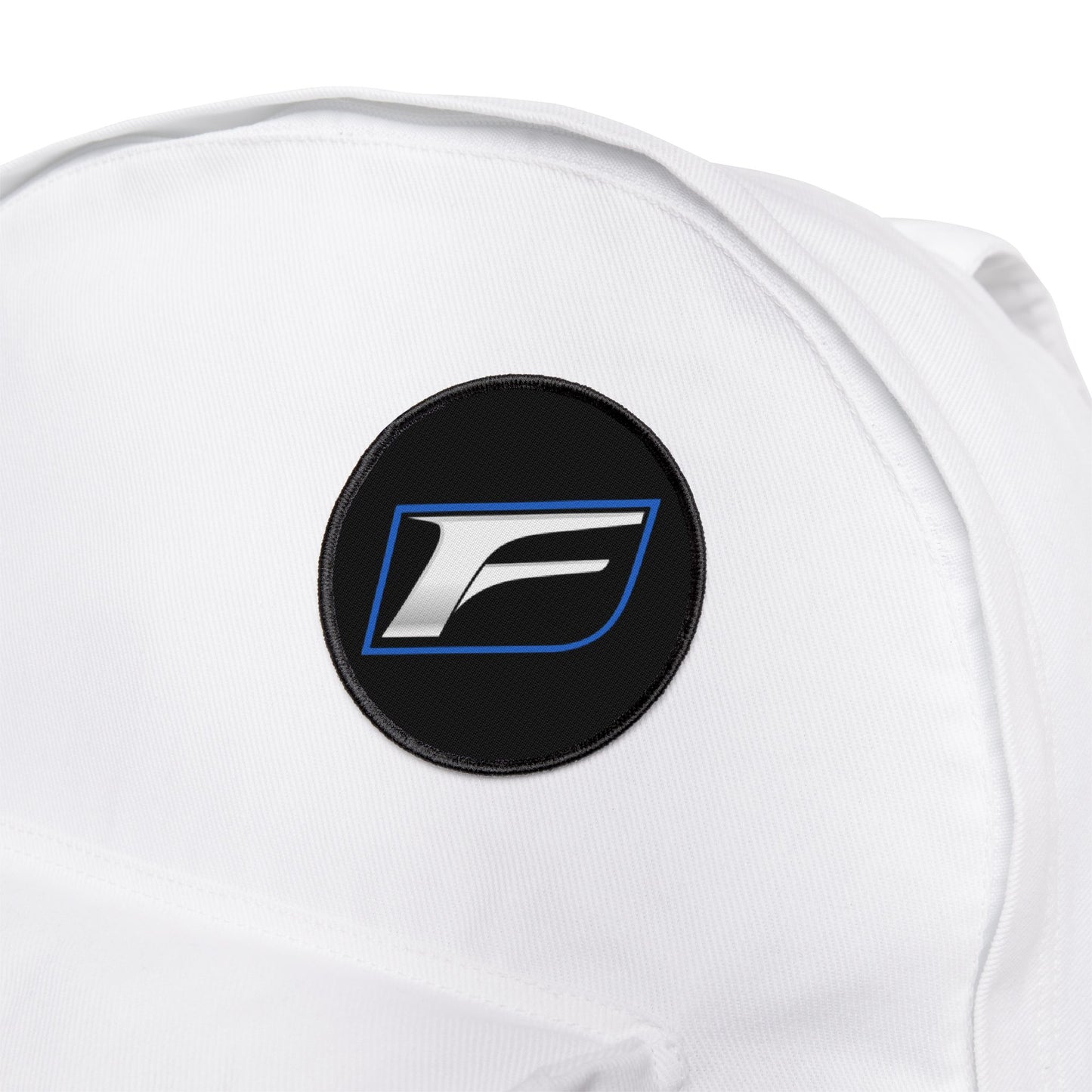 F Logo Iron-On Patch – Silver & Blue Motor Sport Emblem Patch